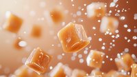 Floating golden caramel candy cubes with salt crystals on brown background. Sweet and salty toffee pieces in motion with bokeh effect for food advertising.