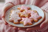 Woman hands holding plate with decorated Christmas cookies star shaped gingerbread with pink icing and powdered sugar dusting for holiday baking celebration.