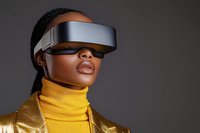 Young African American woman wearing futuristic VR headset and golden jacket explores virtual reality technology in modern digital entertainment concept.