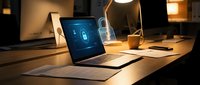 Laptop displaying cybersecurity lock icon on desk with warm lighting, coffee cup and lamp creating cozy home office workspace for digital security work.