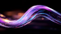 Glowing neon wave with purple and blue light trails flowing on dark background, luminous curved lines with bokeh effect and magical sparkles.