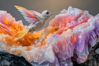 Ornate mechanical hummingbird with intricate silver details hovers near vibrant coral and purple crystal formations against dark background, creating magical atmosphere.