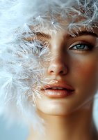 Close up portrait of young woman with natural makeup and dandelion seeds creating dreamy ethereal atmosphere. Soft focus beauty concept for cosmetics and skincare.