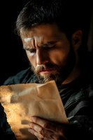 Emotional portrait of bearded Caucasian man reading old letter in dramatic lighting, expressing deep contemplation and nostalgia against dark background.