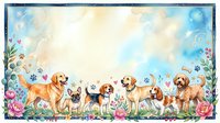 Dogs and cats playing together in a garden with flowers and butterflies, watercolor style illustration on white background, suitable for greeting cards and children's designs.