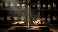 Vintage brass balance scales with coins on wooden table in old apothecary shop with glass jars containing herbs and medicines on shelves in background.