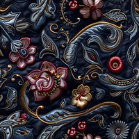 Elegant floral pattern with metallic blue paisley swirls and burgundy blooms on dark background, seamless repeat design for fabric and wallpaper applications.
