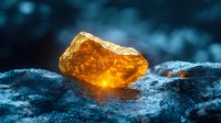 Glowing amber gemstone with warm golden light surrounded by dark volcanic rocks creating mystical atmosphere for jewelry and luxury design concepts.