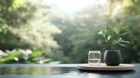 Minimalist zen composition with green plant in black pot and glass of water on wooden tray against blurred natural garden background. Peaceful spa setting.