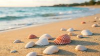 Seashells scattered on a sunny sandy beach with turquoise ocean waves in the background, evoking a peaceful summer coastal retreat.