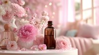 Amber essential oil bottle surrounded by pink roses and peonies on white table, creating romantic spa atmosphere with soft window light.