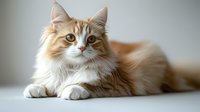 Ginger and white long-haired cat with bright amber eyes lying relaxed on neutral background, soft focus portrait showing fluffy fur and gentle expression.