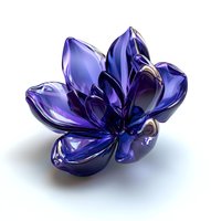 Shiny purple glass lotus flower with reflective petals on white background, artistic decorative element for luxury design and spiritual concepts.