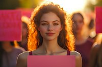 Young woman with curly hair holding protest sign at sunset rally, backlit with golden sunlight creating ethereal glow around her determined expression.