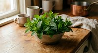 Fresh mint herbs in wooden bowl on rustic kitchen counter with natural sunlight streaming through window creating warm cooking atmosphere.
