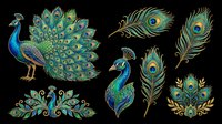 Peacock bird with fanned tail feathers isolated on transparent background, ready for t-shirt design, clipart, stickers, sublimation and print-on-demand projects.