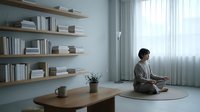 Young Asian woman meditating in minimalist living room with wooden shelves, books, and natural light streaming through window curtains for wellness lifestyle.