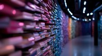 Abstract geometric wall with illuminated pink and blue blocks creating depth perspective in dark corridor, modern architectural design with dramatic lighting effects.
