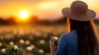 Young woman in hat admiring cotton field at golden sunset, back view. Warm evening light illuminates agricultural landscape with fluffy white cotton bolls.