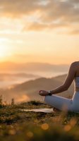 Woman practicing yoga meditation in lotus pose on mountain top during golden hour sunrise with peaceful sky and valley view for wellness and mindfulness.
