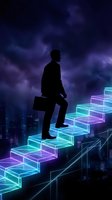 Silhouetted male professional climbing neon glowing staircase against stormy sky and cityscape, representing career growth, digital transformation, and business success in technology sector.