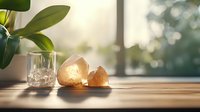 Glowing pink Himalayan salt crystals on wooden table with glass and plant in soft morning sunlight creating peaceful spa atmosphere.