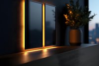 Modern minimalist interior with warm LED backlight illuminating dark wall panels and wooden shelf, potted plant silhouette against evening cityscape background.