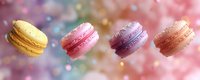 Colorful macarons floating against a dreamy bokeh background with soft pink and blue hues, showcasing delicate pastry craftsmanship.