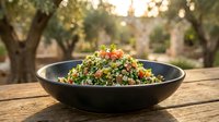Tabbouleh salad with fresh parsley, tomatoes, and bulgur wheat in black bowl on wooden table with olive trees in background.