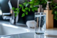 Glass soap dispenser with pump on modern bathroom counter near sink with green plants creating spa-like atmosphere for hygiene and wellness routines.