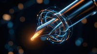Futuristic fiber optic cable with glowing orange light streams and digital data flow effects on dark background for technology and communication concepts.