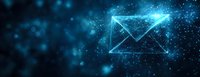 Digital glowing envelope made of connected dots and lines on dark background with blue particles, representing electronic mail communication.