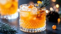 Festive orange cocktail garnished with pine branch and berries in crystal glass against blurred holiday lights background, refreshing winter drink.