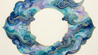 Decorative oval frame with flowing blue and teal clouds in oriental style. Ornate border design for invitations, certificates, and artistic projects.