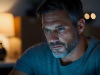 Mature Caucasian man with gray hair and beard looking at computer screen in dark room illuminated by warm ambient lighting and screen glow, wearing casual attire.