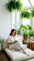 Young woman writing in journal surrounded by lush green plants in bright sunroom. Peaceful morning routine with ferns and tropical houseplants creating serene atmosphere.