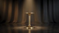 Golden pedestal stand on a dramatic stage with spotlight and dark curtains, elegant product display podium in luxury setting.