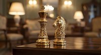 Golden chess pieces king and knight on wooden board in elegant interior with warm lighting for luxury gaming and strategy concepts.