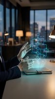 Businessperson interacting with holographic network diagram at modern office desk with city skyline view, representing digital transformation and data connectivity solutions.