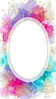 Watercolor celebration frame with champagne glasses, roses and cake in vibrant purple, pink and turquoise colors with gold accents for party invitations.