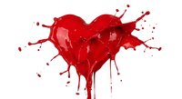 Red liquid heart shape with dynamic splashes and drips isolated on white background for romantic design projects and Valentine's Day concepts.