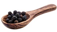 Black peppercorns in rustic wooden spoon isolated on white background, aromatic whole spices for cooking and seasoning food preparation.