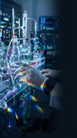 Technician in white gloves interacting with holographic data visualization and network interface in server room environment for technology and digital innovation concepts.