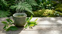 Steaming green tea in a rustic ceramic mug on a wooden table with fresh leaves, surrounded by lush garden greenery in soft natural light.