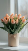 Fresh peach tulips in beige ceramic vase by window, tied with twine. Soft natural light creates serene atmosphere for home decor or special occasions.