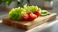 Fresh vegetables on wooden cutting board with cherry tomatoes, green lettuce leaves and sliced cucumber in natural sunlight, food preparation concept.