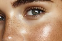 Close up of green eyes with natural freckles on glowing skin. Macro beauty shot showing long eyelashes, defined eyebrows and sun-kissed complexion.