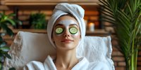 Young woman relaxing at spa with white facial mask and cucumber slices on eyes, wearing bathrobe and head towel, enjoying skincare treatment in wellness center.