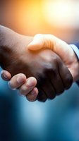 Close-up of diverse business handshake with warm sunlight background, symbolizing partnership, agreement, and professional collaboration.