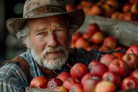 Senior Caucasian farmer with weathered face and beard surrounded by freshly harvested red apples at local market, wearing plaid shirt and wide-brimmed hat.